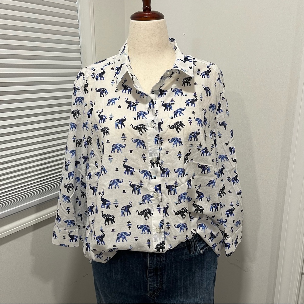 Chico's Button Down Collared Flowy Blouse with Elephant Pattern, Women's 20/22